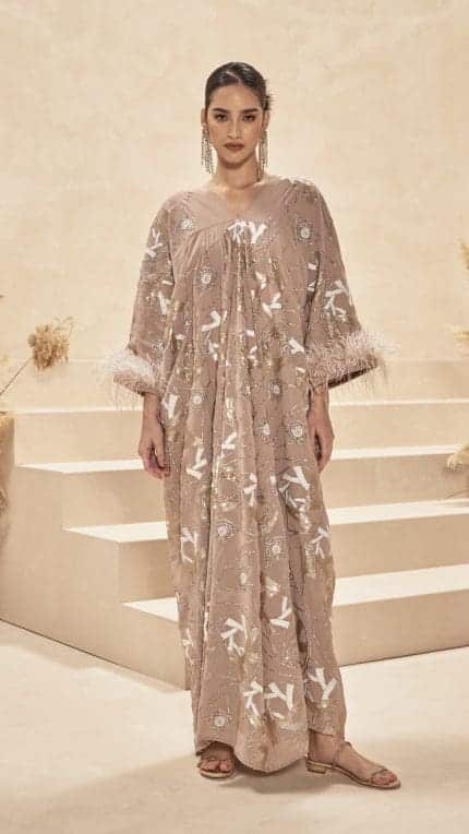 Pale Pink Feather Trim Kaftan