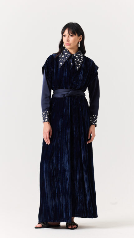 Sequence Collar Velvet Set Navy