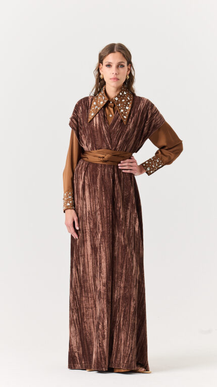 Sequence Collar Velvet Set Brown