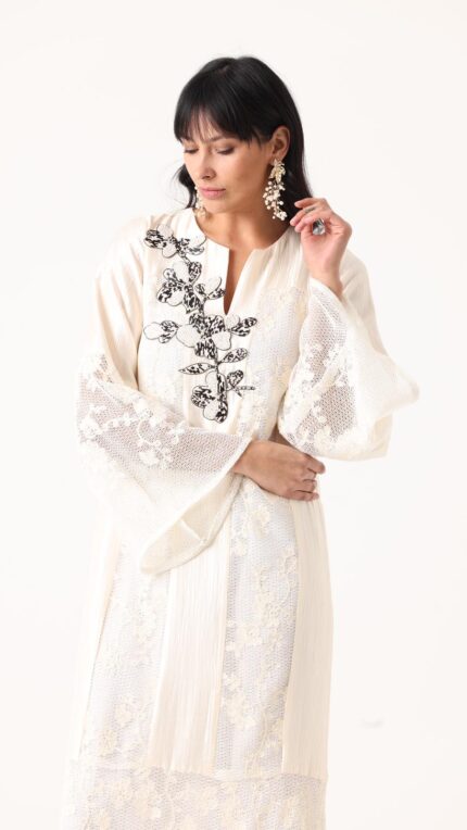 Flower Applique Silk and crochet Kaftan